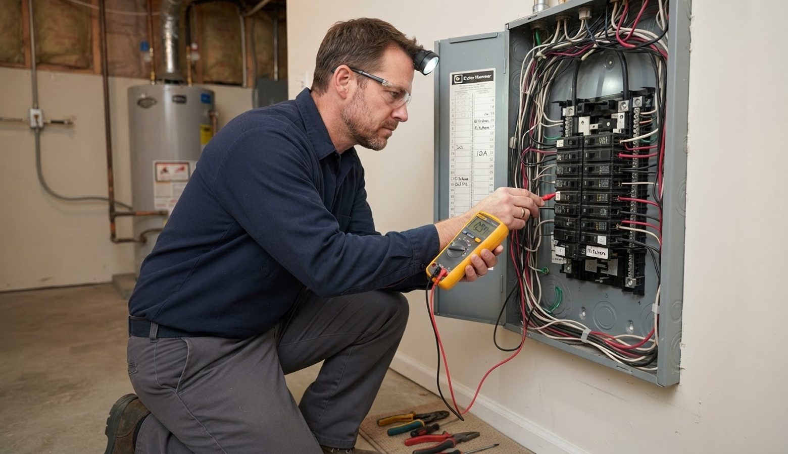 Electrician testing an electrical panel with a multimeter during a repair