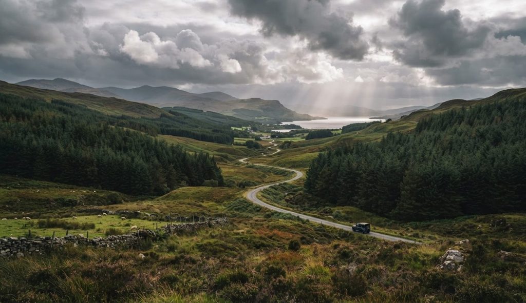 Green valley landscape near Galloway with a winding road