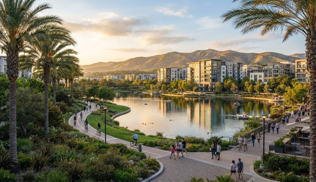 Irvine, California lakeside walkway with apartments and palm trees