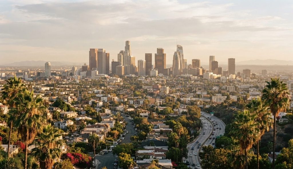 Los Angeles, California skyline above residential neighborhoods