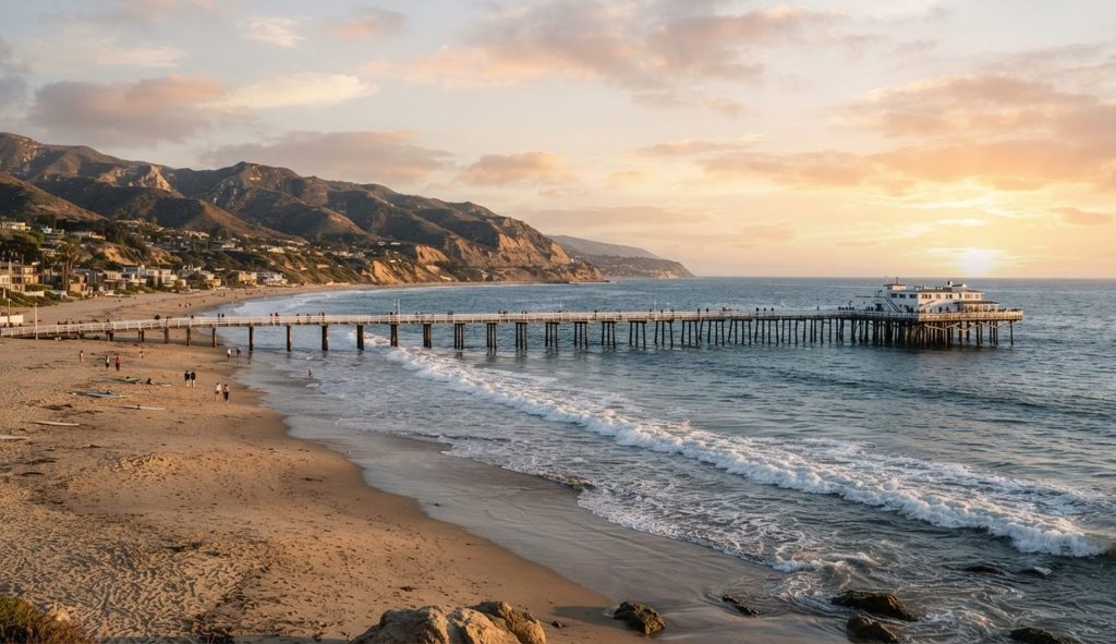 Malibu, California beach and pier at sunset