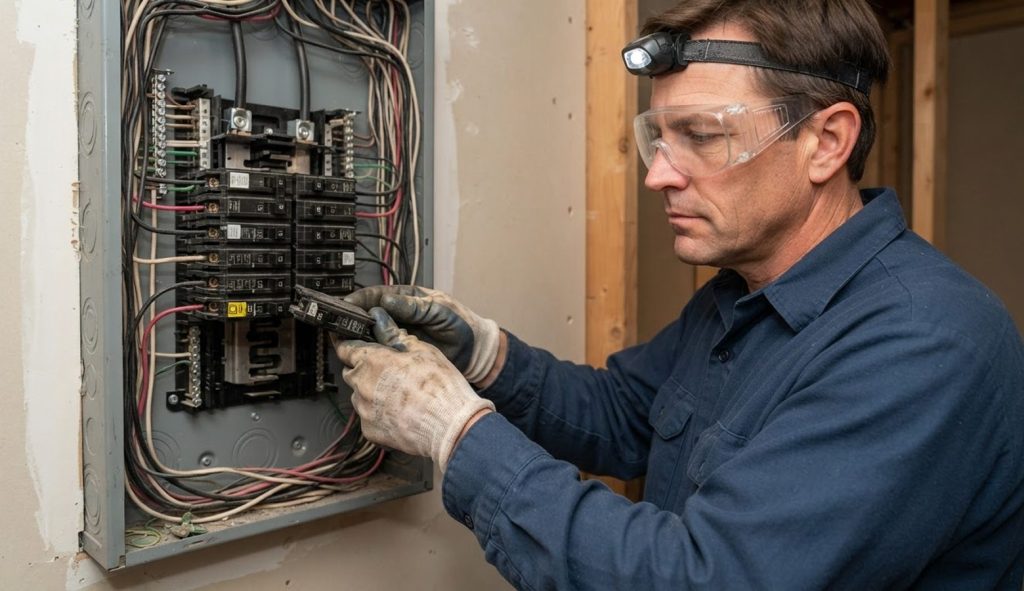 Electrician wearing a headlamp working inside a breaker panel