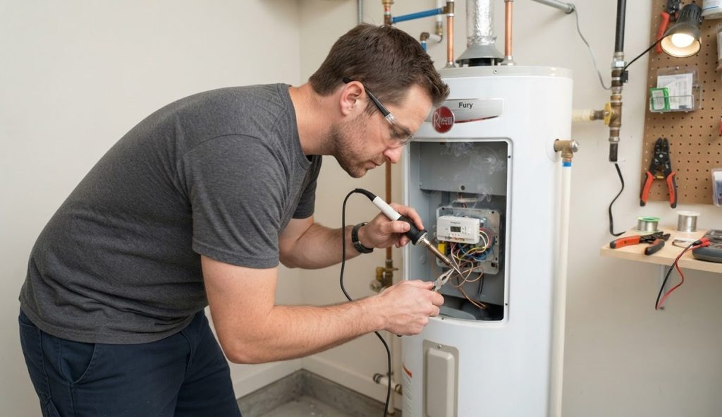 Electrician testing an electric water heater element