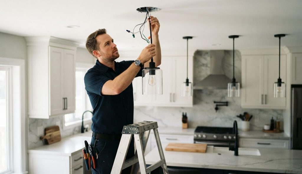 Electrician installing pendant lights over a kitchen island