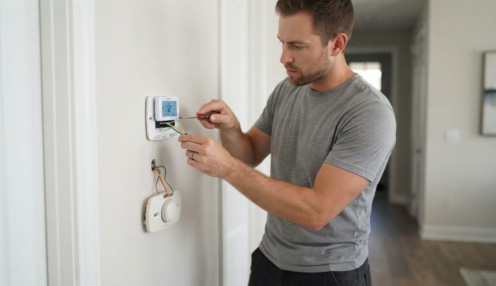 Electrician installing a smart thermostat