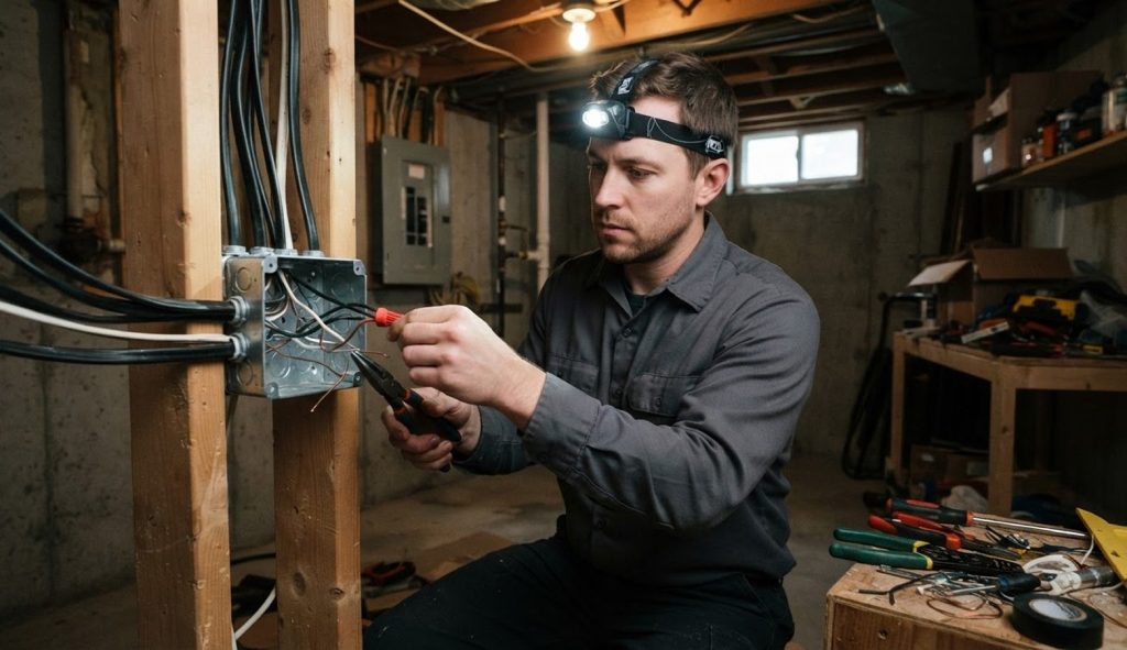 Electrician wiring a junction box in a basement