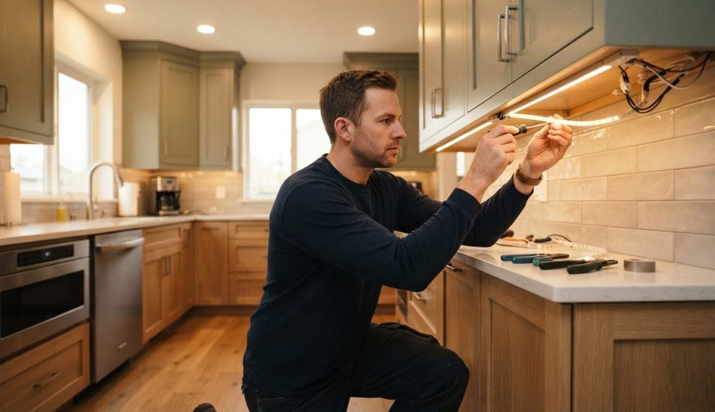 Electrician installing under-cabinet lighting in a kitchen