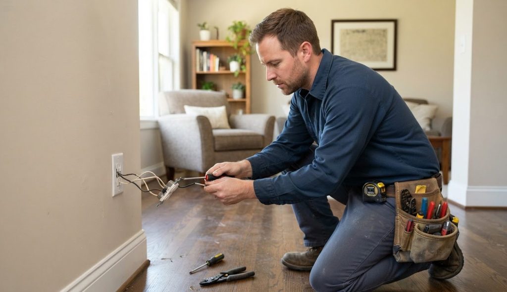 Electrician repairing an outlet in a living room