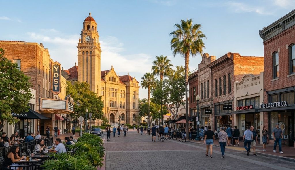 Downtown Santa Ana, California street with historic buildings